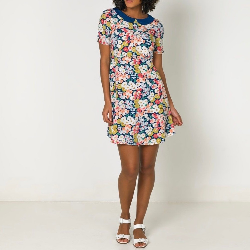 Cath Kidston Dress Size 10 Floral Peter Pan Collar Blue Pink Daisy Short Sleeve‎